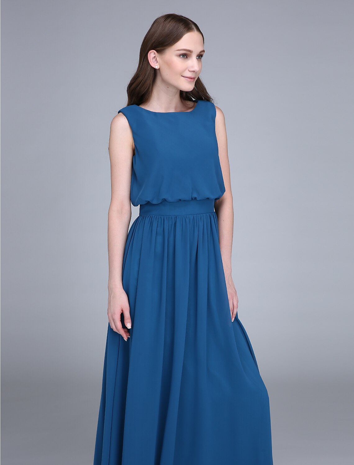 Side profile of the chiffon sheath bridesmaid gown.