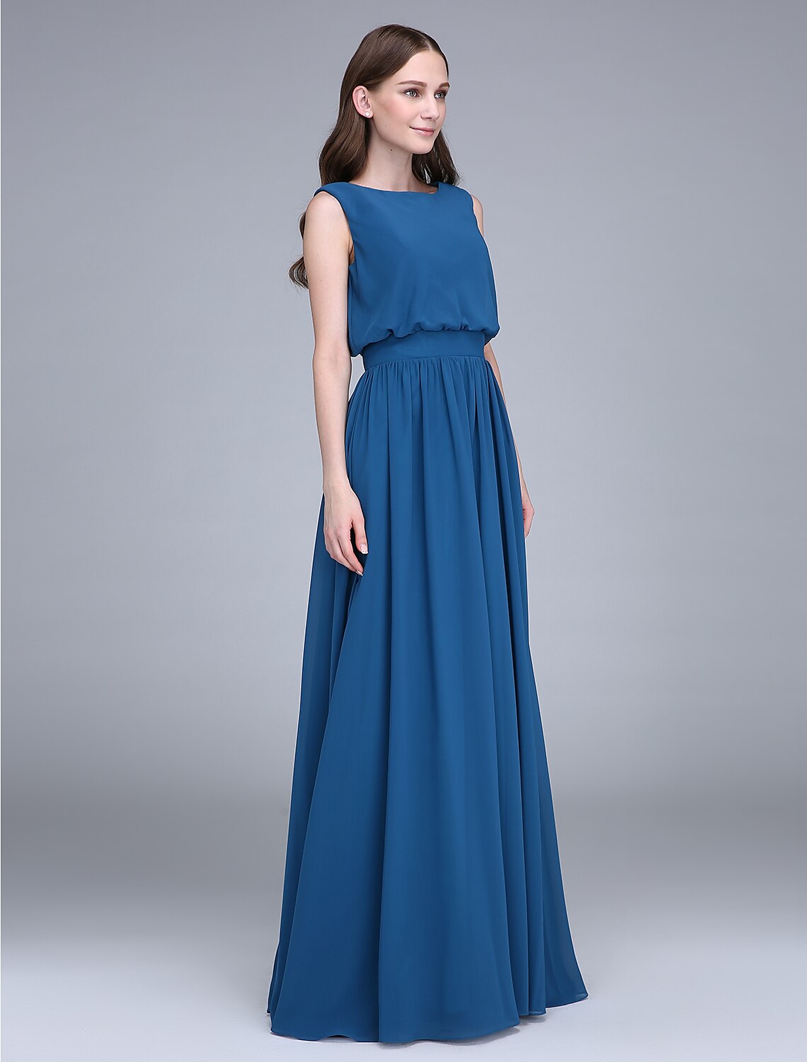 Close-up of the jewel neck and chiffon fabric on the bridesmaid dress.