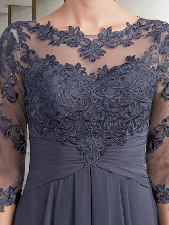 Close-up of the chiffon lace and ruched appliques on the Sheath Mother of the Bride Dress.