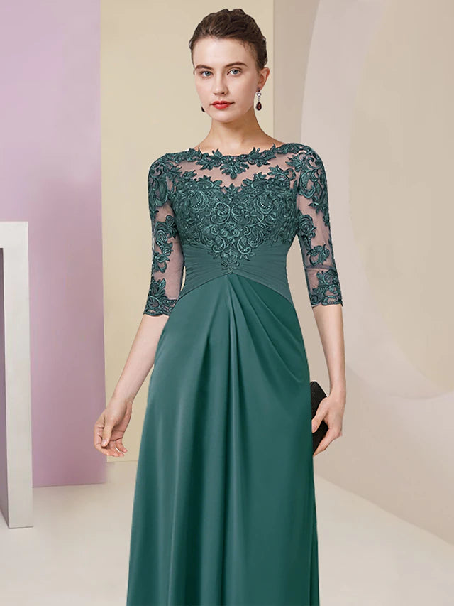 Side view of the chiffon lace Mother of the Bride dress.
