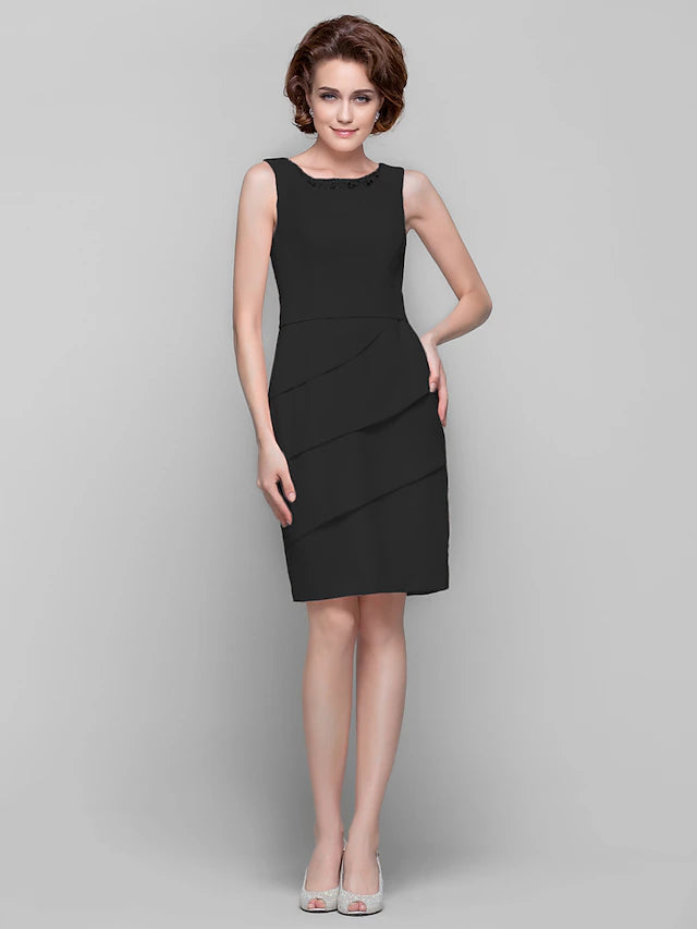 Sleeveless sheath dress for mother of the bride, featuring ruffles.