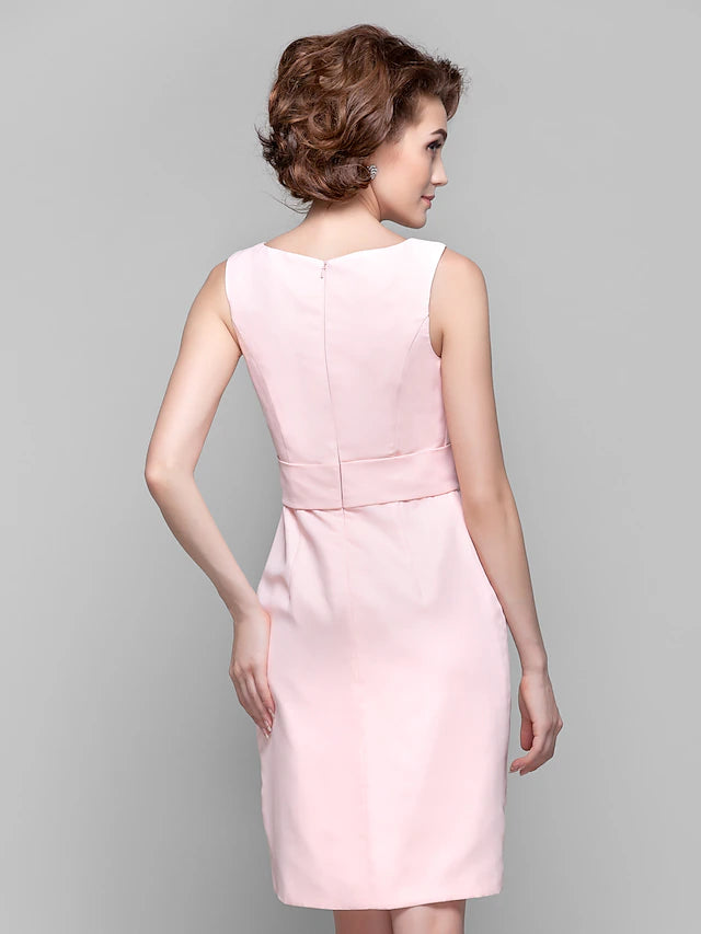 Full view of a sleeveless jewel neck mother of the bride dress.