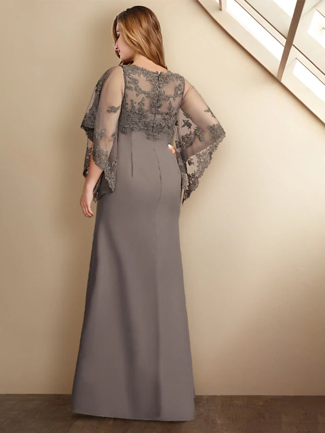 Side view of the elegant plus size gown, highlighting the flowing chiffon fabric.