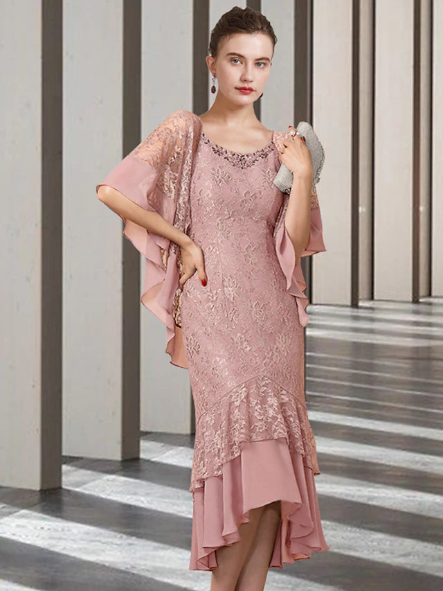 Elegant Sheath Mother of the Bride dress with jewel neck and half sleeves, featuring a high-low tea length hem.