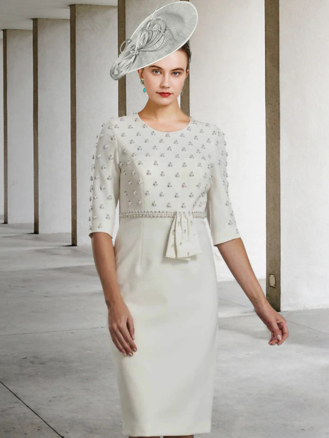 Elegant Sheath Mother of the Bride Dress with Jewel Neck, Half Sleeves, Lace, and Beading.