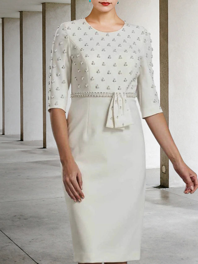Knee-length Sheath Dress for Mother of the Bride, featuring Lace and Charmeuse fabric.