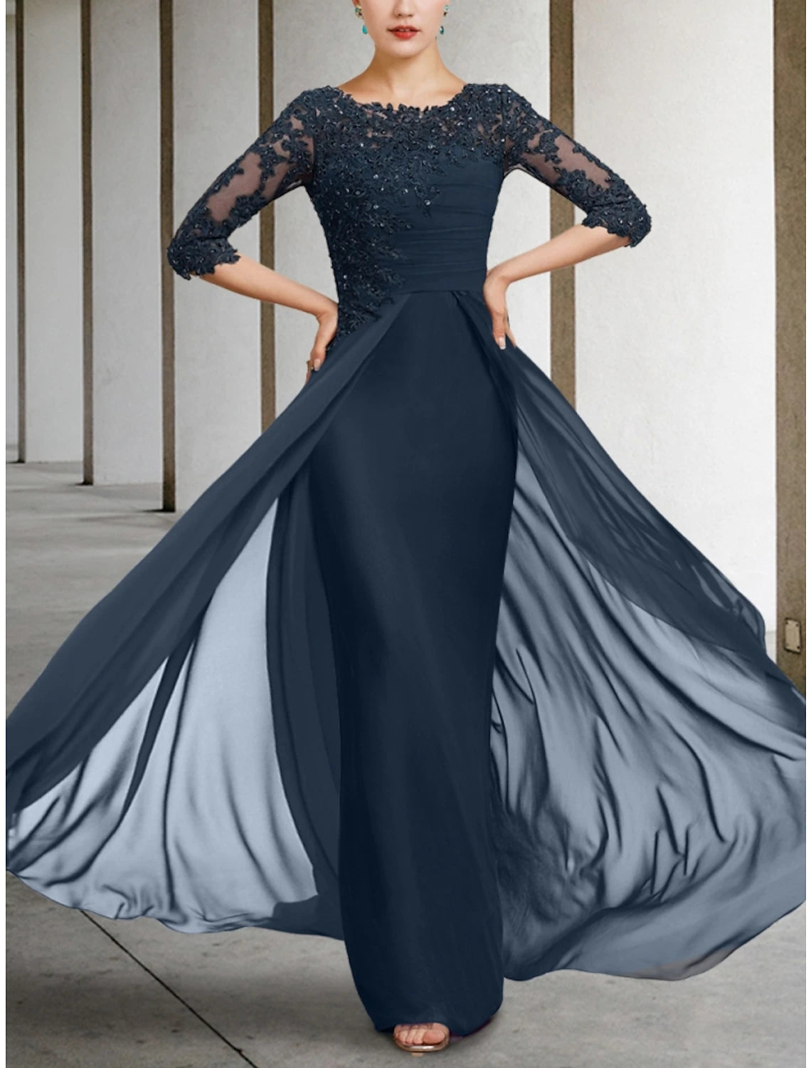 Side view of the elegant sheath dress, perfect for a wedding guest.