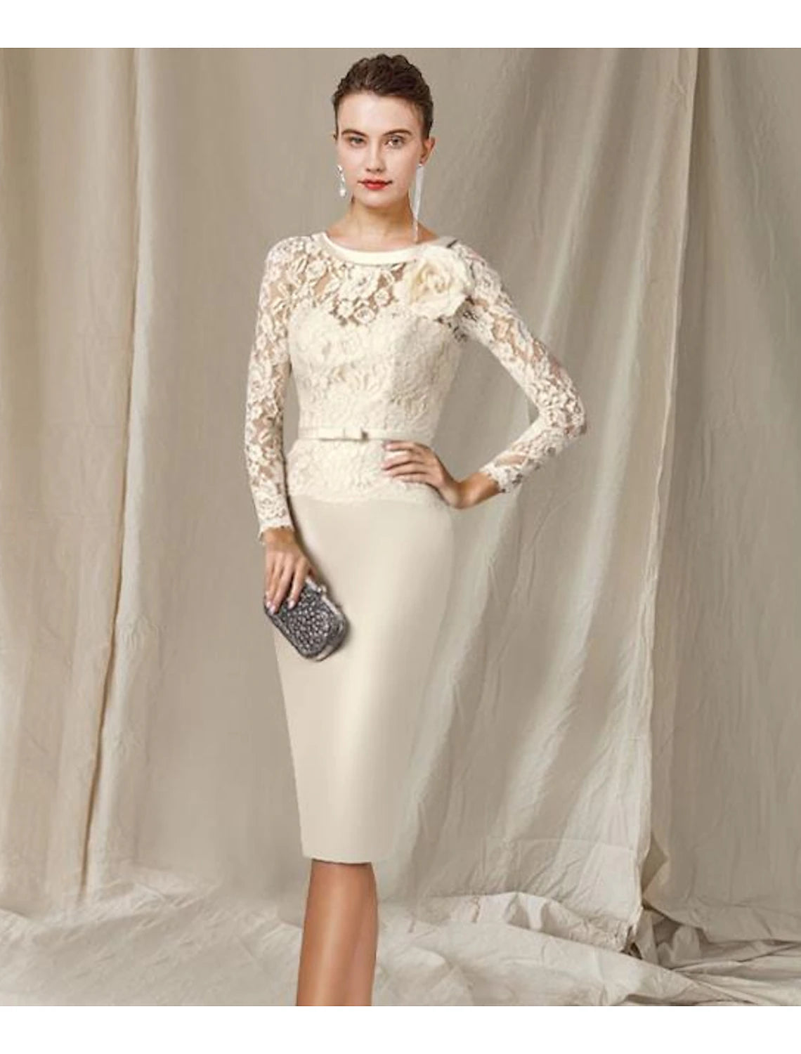 Side view of the Sheath Mother of the Bride Dress, showing lace and satin details.