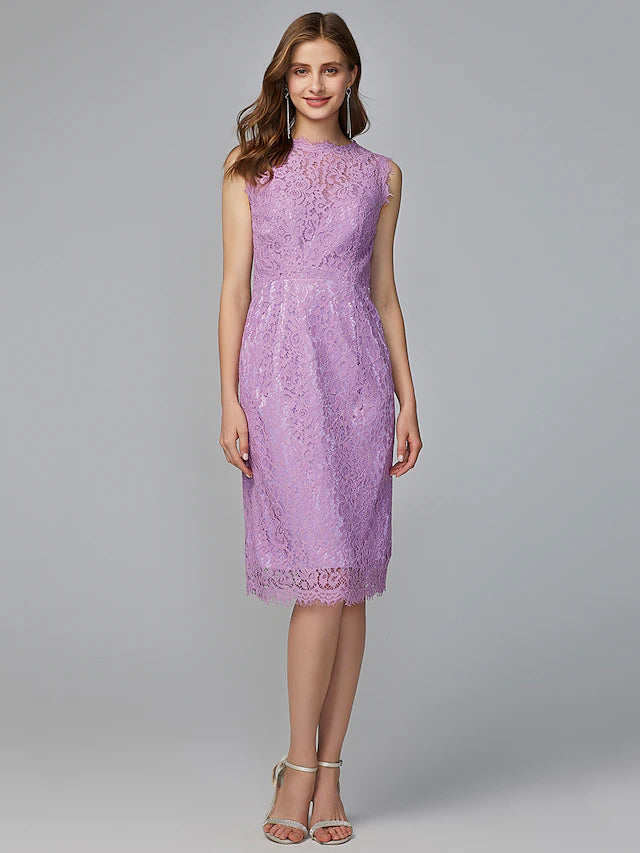 Elegant lace sheath midi bridesmaid dress, full view.
