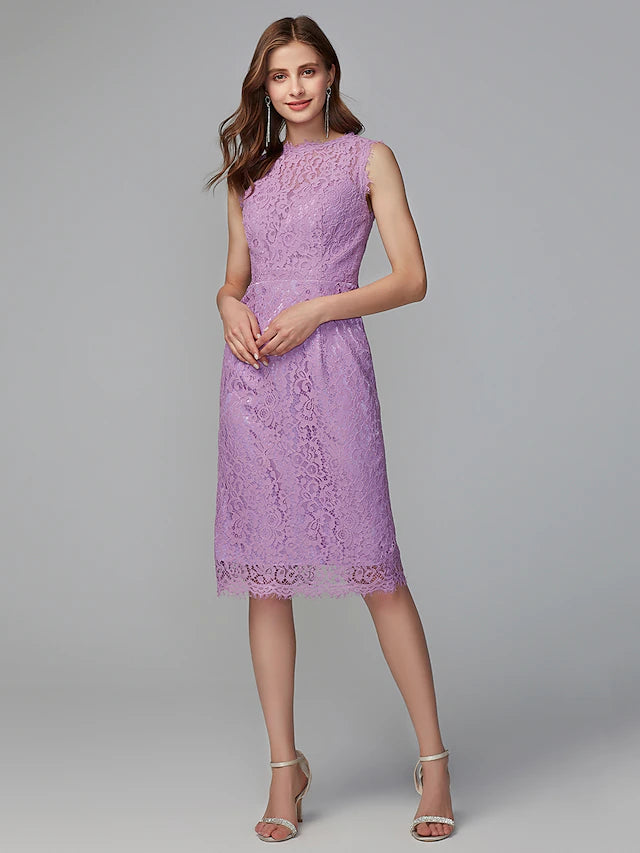 Side view of the elegant lace sheath midi bridesmaid dress.