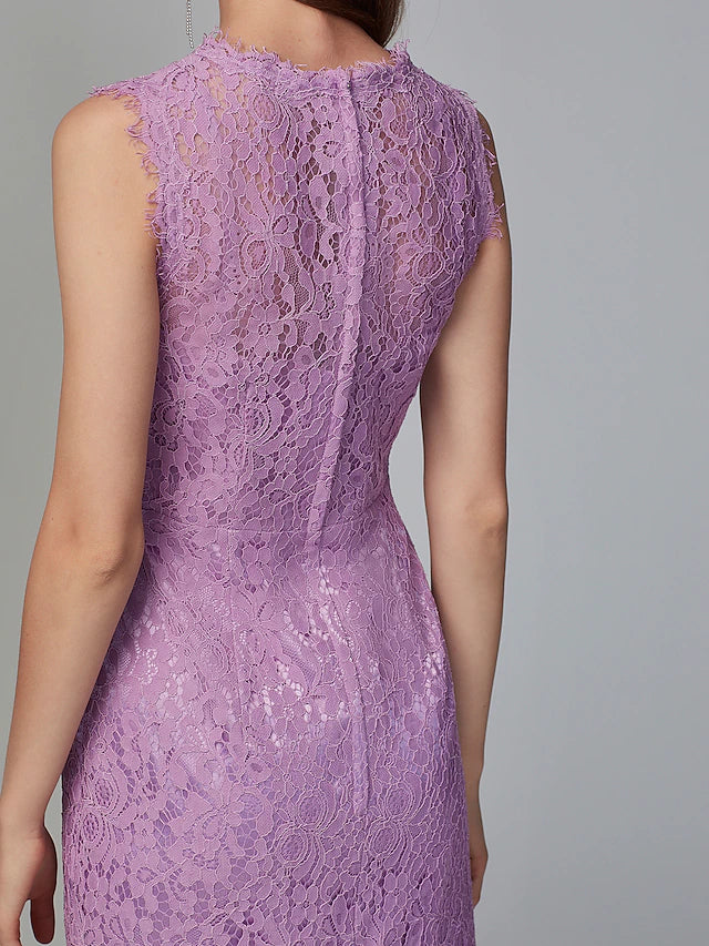 Close-up of intricate lace detail on the midi bridesmaid dress.