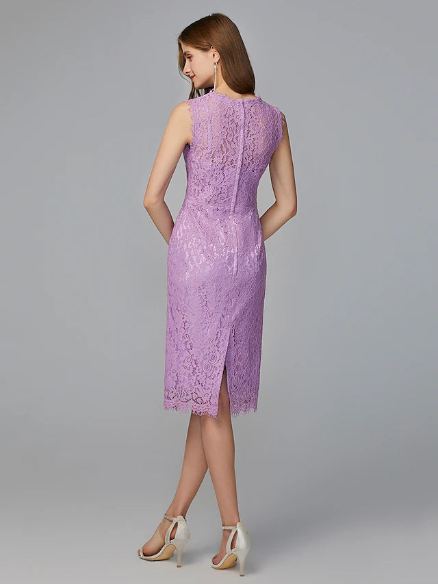 Front view of the elegant lace sheath midi bridesmaid dress.