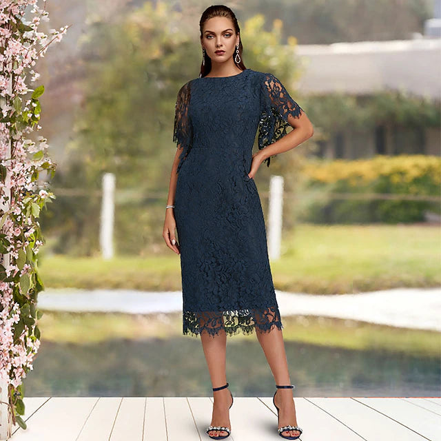 Elegant sheath dress with jewel neck and lace short sleeves.