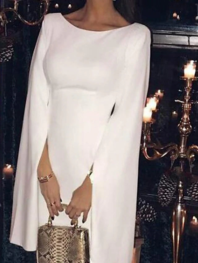 Front view of the dark long-sleeve jewel-neck tea-length cocktail dress.