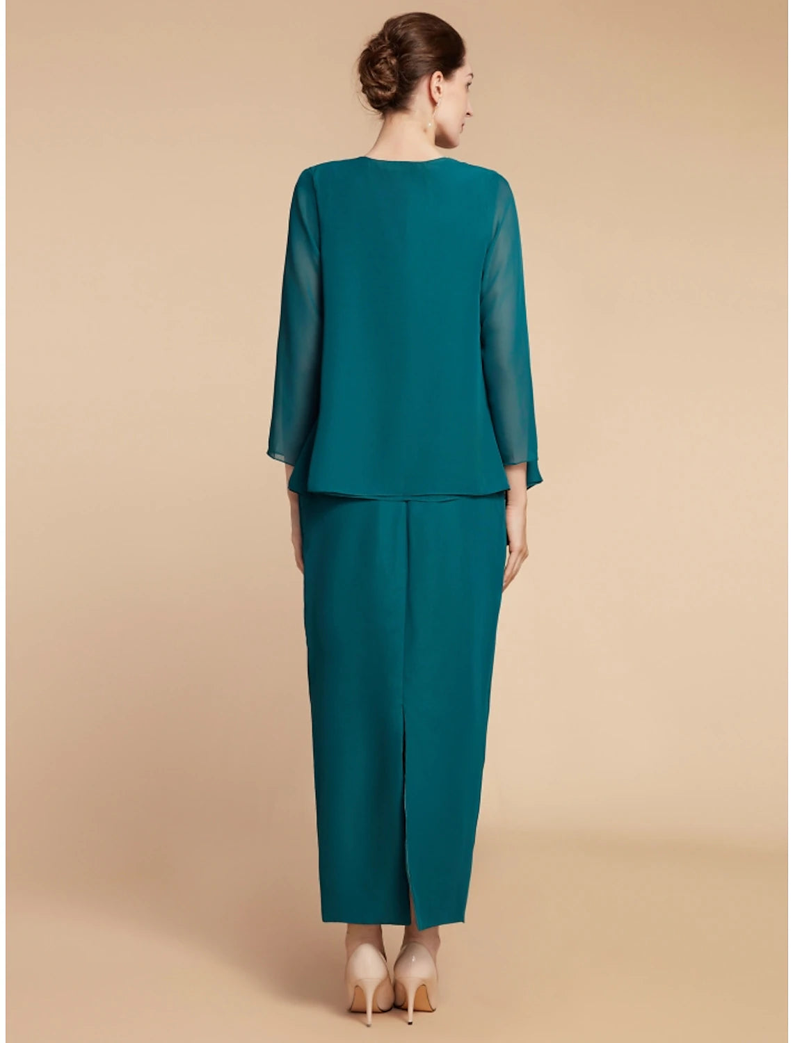 Side view of the chiffon dress highlighting ruching and ankle length.
