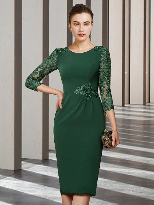 Elegant sheath mother of the bride dress with jewel neck and long lace sleeves.