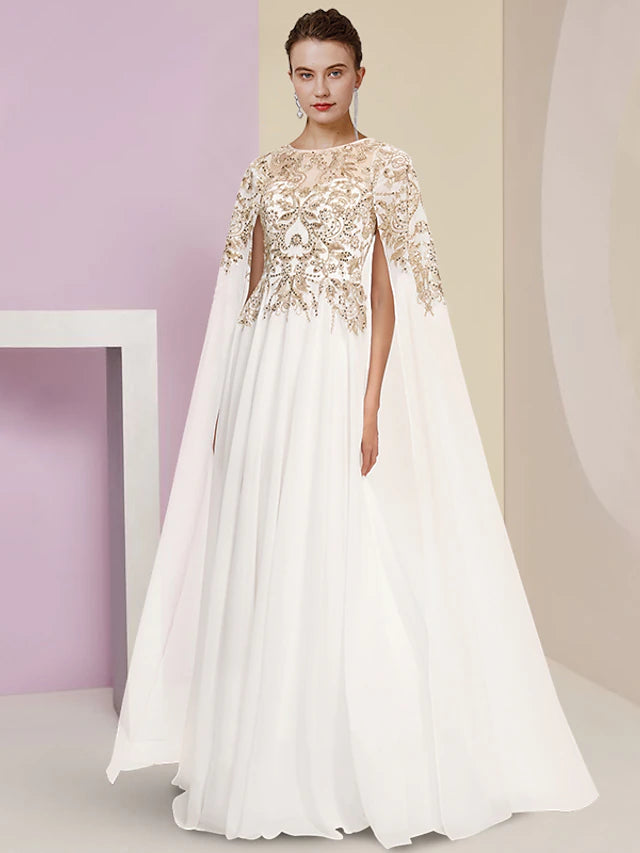 Elegant floor-length sheath dress with jewel neck and long sleeves.