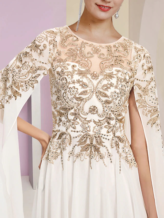 Back view of the sequined lace chiffon gown with pleats.