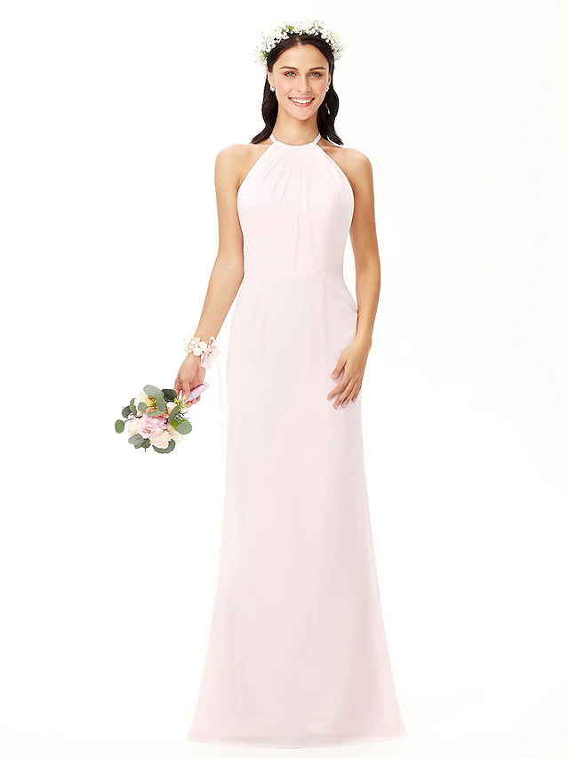 Elegant floor-length chiffon bridesmaid dress with jewel neck and pleats.