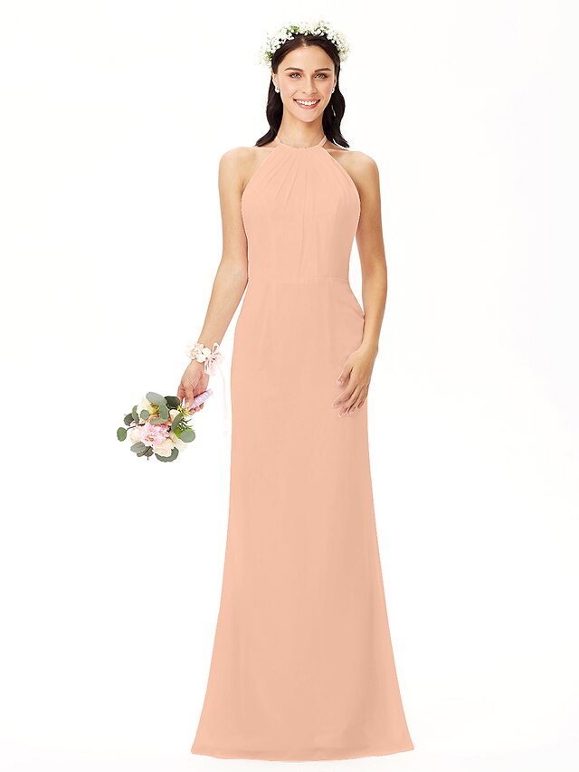 Side view of a sleeveless pleated chiffon dress.