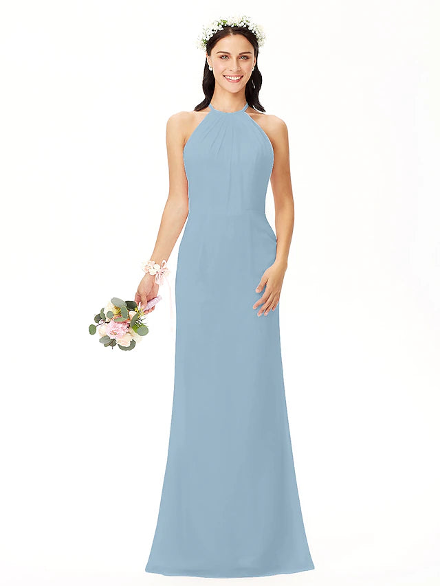 Back view of a jewel neck sheath bridesmaid dress.