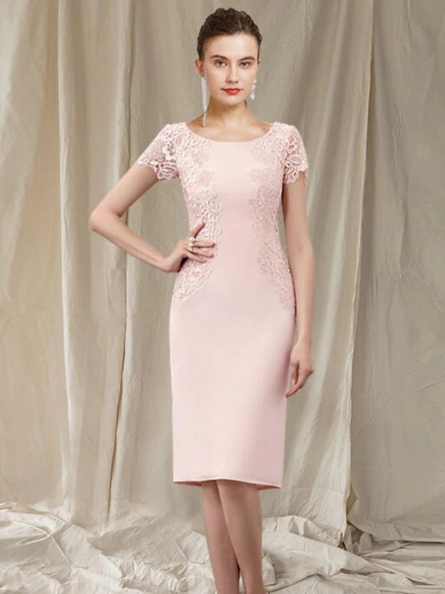 Side view of a lace sheath dress with appliques.