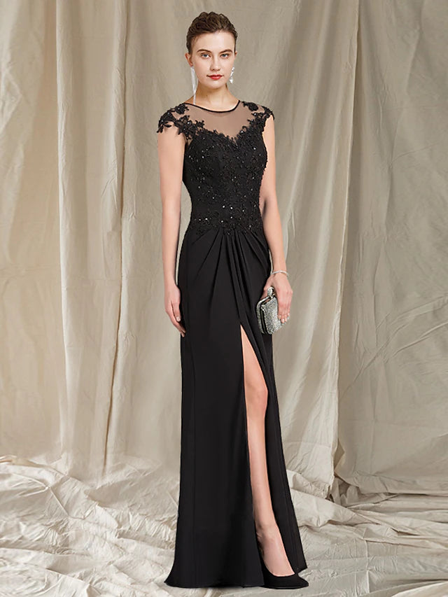 Elegant sheath mother of the bride dress with jewel neck and short sleeves, featuring appliques and a split front.