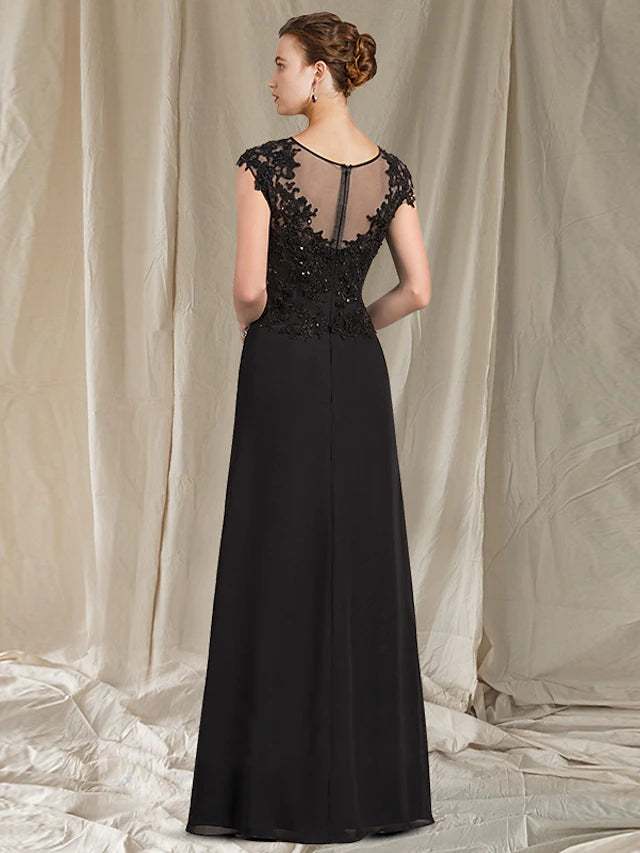 Back view of the elegant sheath mother of the bride dress, showcasing the floor-length design.
