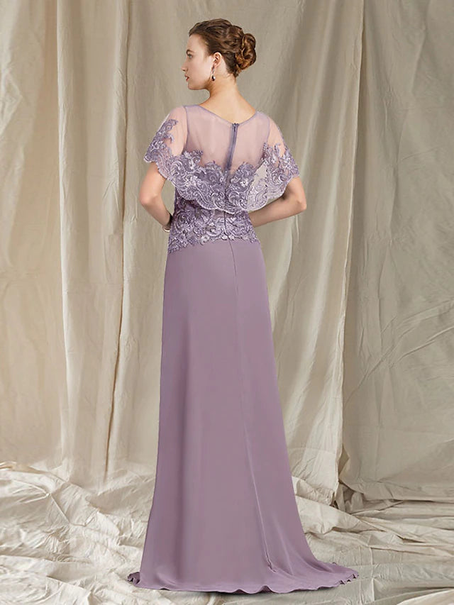 Close-up of the chiffon and lace fabric with ruffle details on the elegant gown.