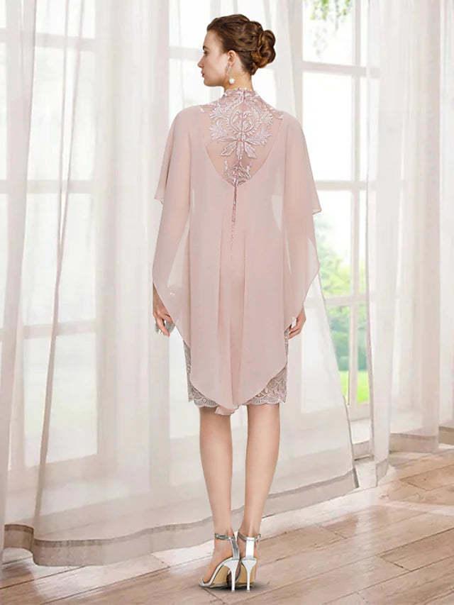 Knee length chiffon lace dress, side view.