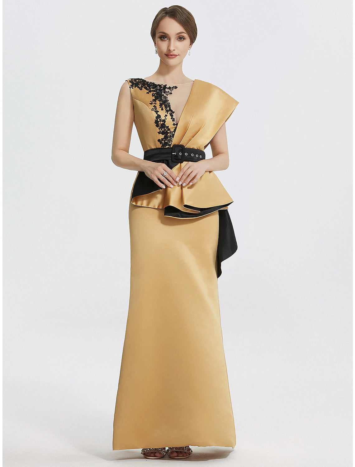 Elegant jewel neck sleeveless satin evening gown with embroidery appliques.