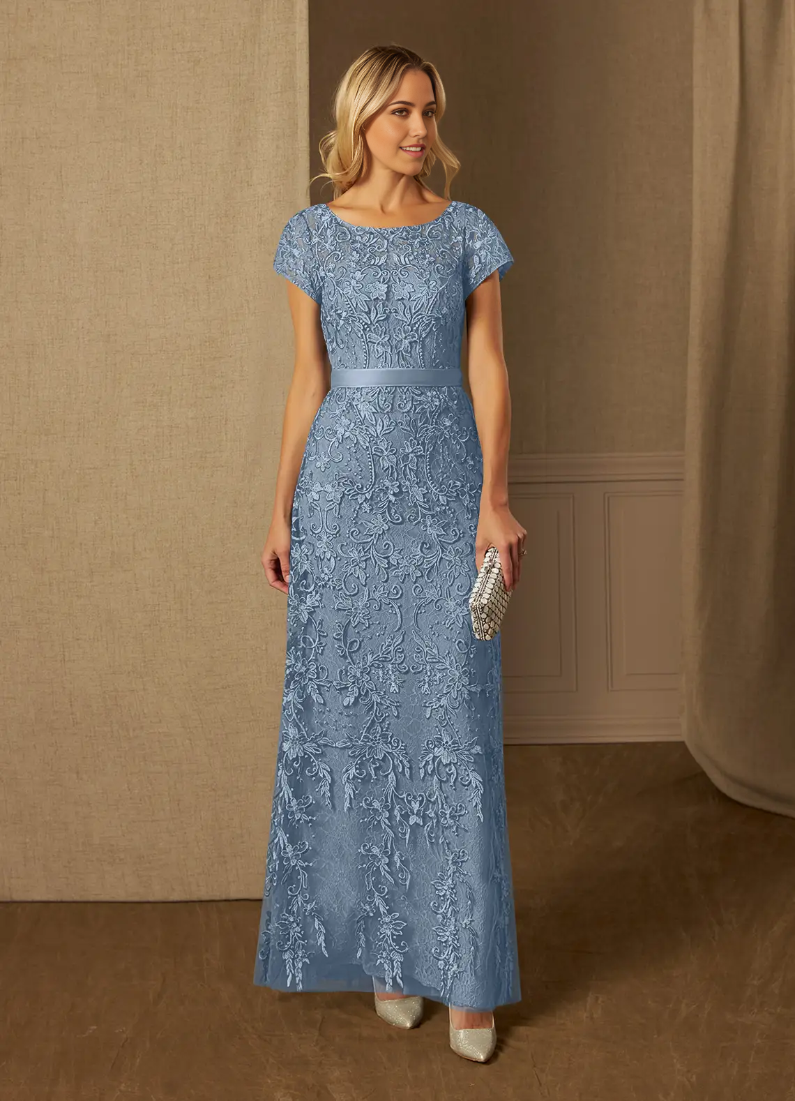 Elegant dusty blue sheath mother of the bride dress with lace appliques, front view.
