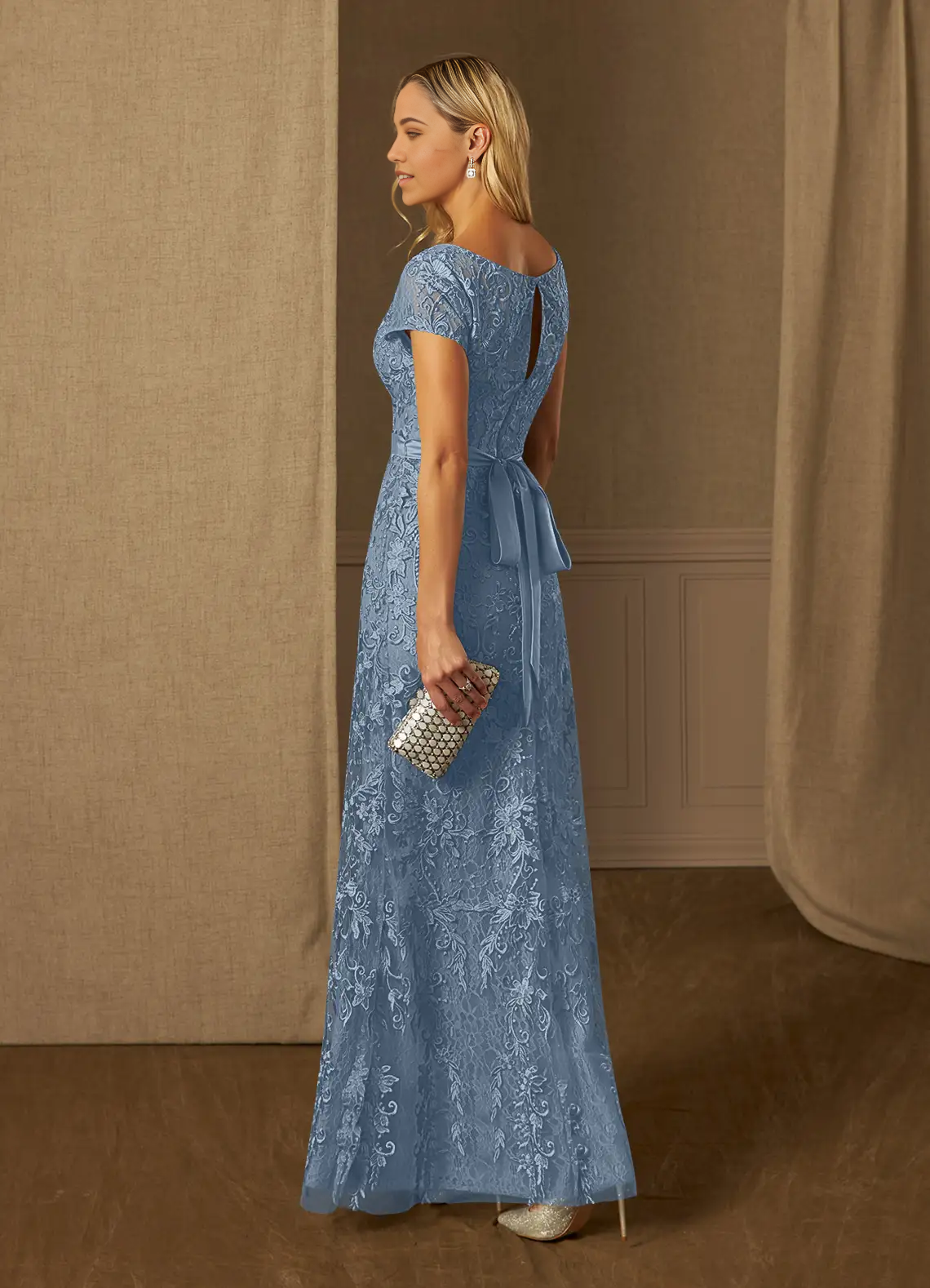 Full length view of the dusty blue sheath dress, ideal for formal occasions.