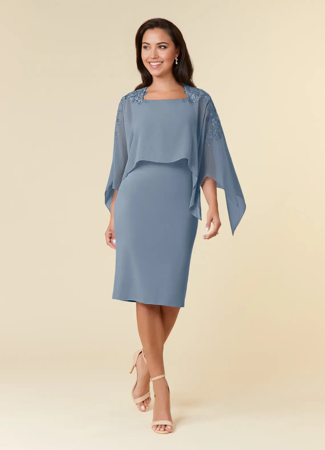 Elegant sheath lace chiffon tea length dress with V-neckline.