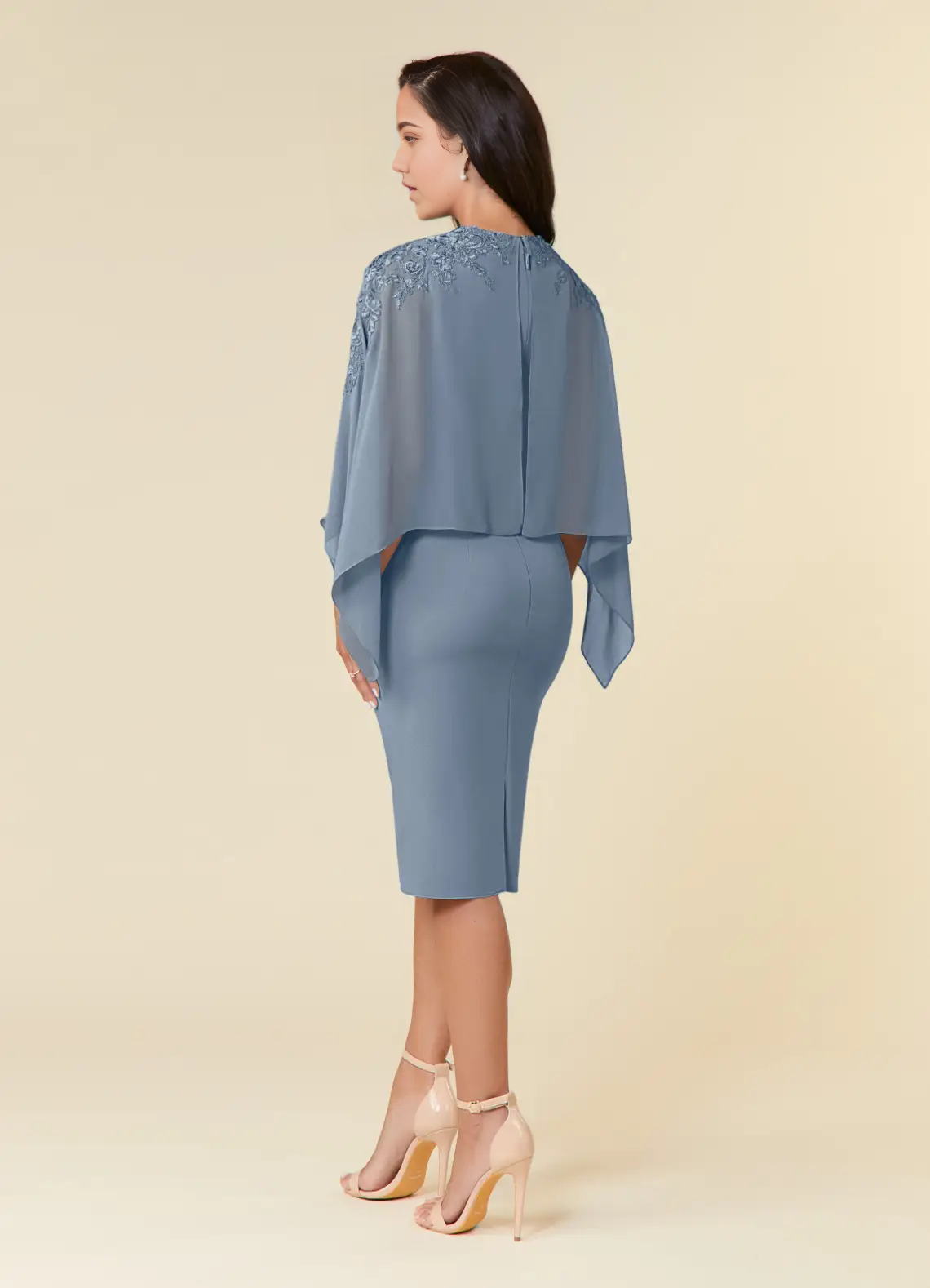 Side view of a woman wearing the sheath lace chiffon formal dress.