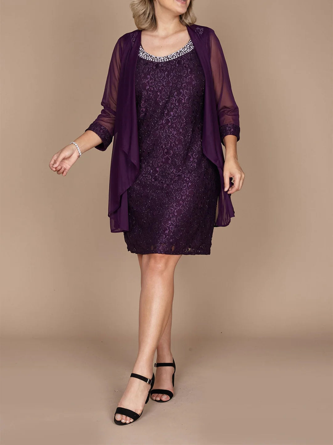 Full view of the elegant short sheath dress, perfect for formal occasions.