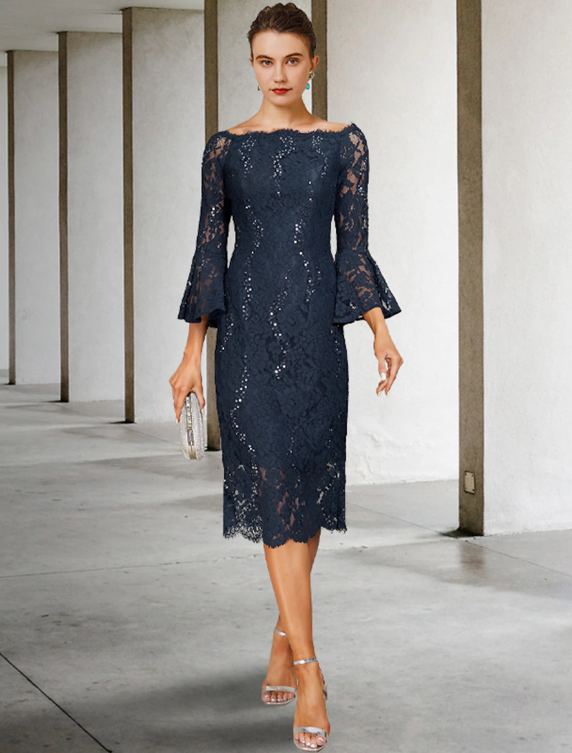 Elegant Sheath Jewel Neck Lace Sequin Tea Length Mother of the Bride Dress.