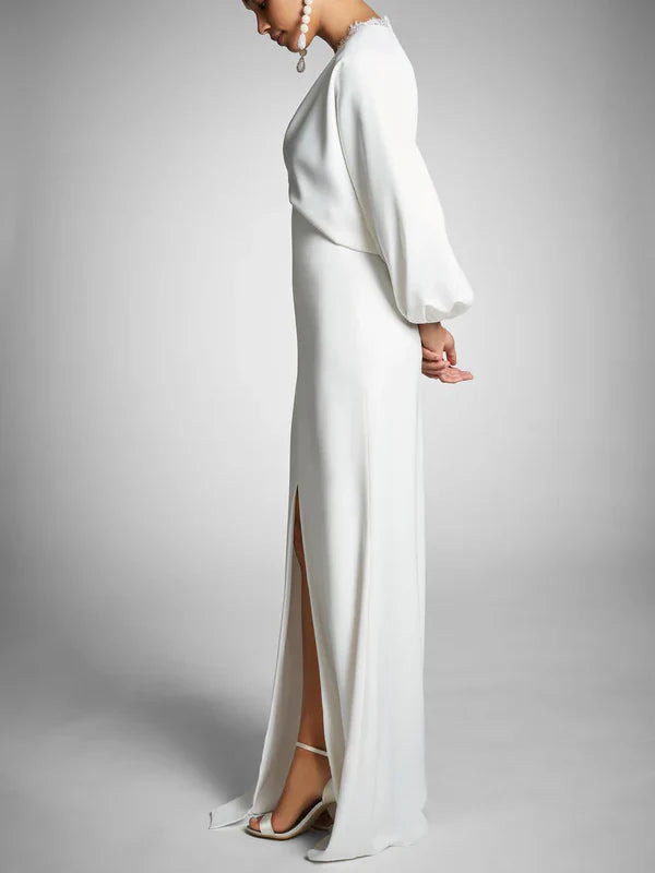 Sophisticated V-neck sheath wedding dress.