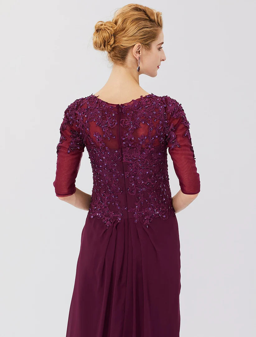 Back view of the Sheath Mother of the Bride dress, showing chiffon fabric and 3/4 sleeves.