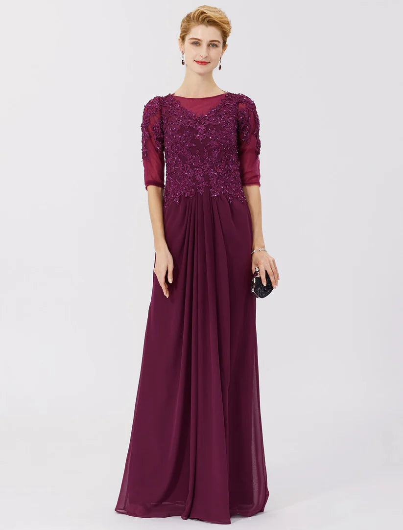 Full length view of the Sheath Mother of the Bride dress, highlighting the floor-length silhouette.