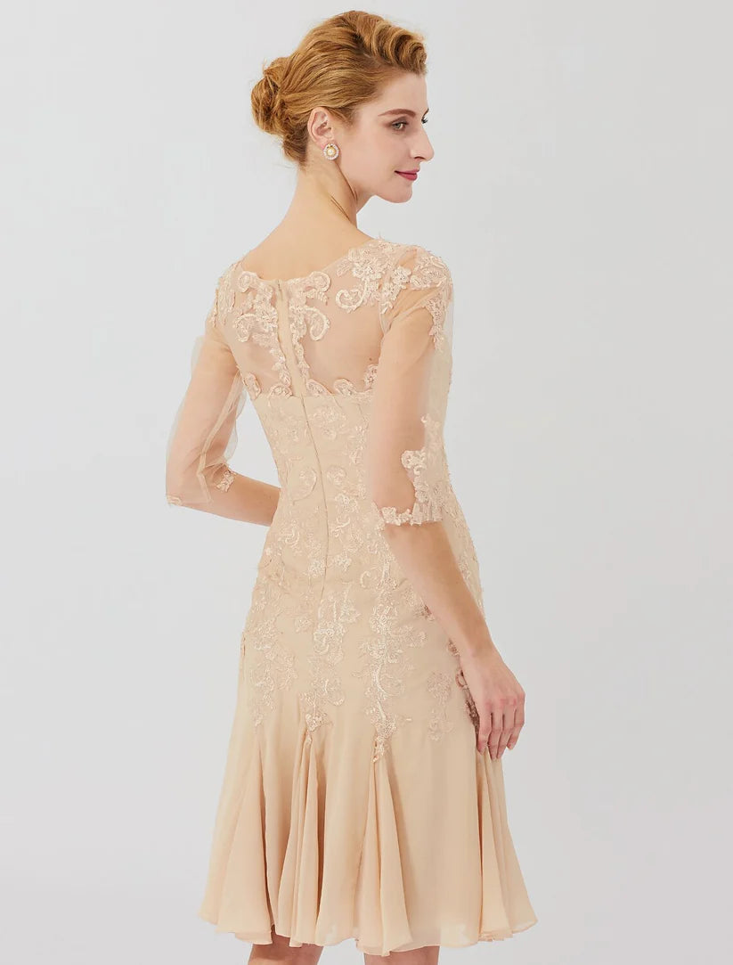 Close-up of the lace and applique details on the half sleeve of the sheath dress.