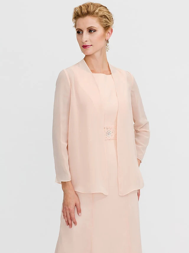 Full view of a sophisticated sleeveless formal dress with a sheath silhouette.
