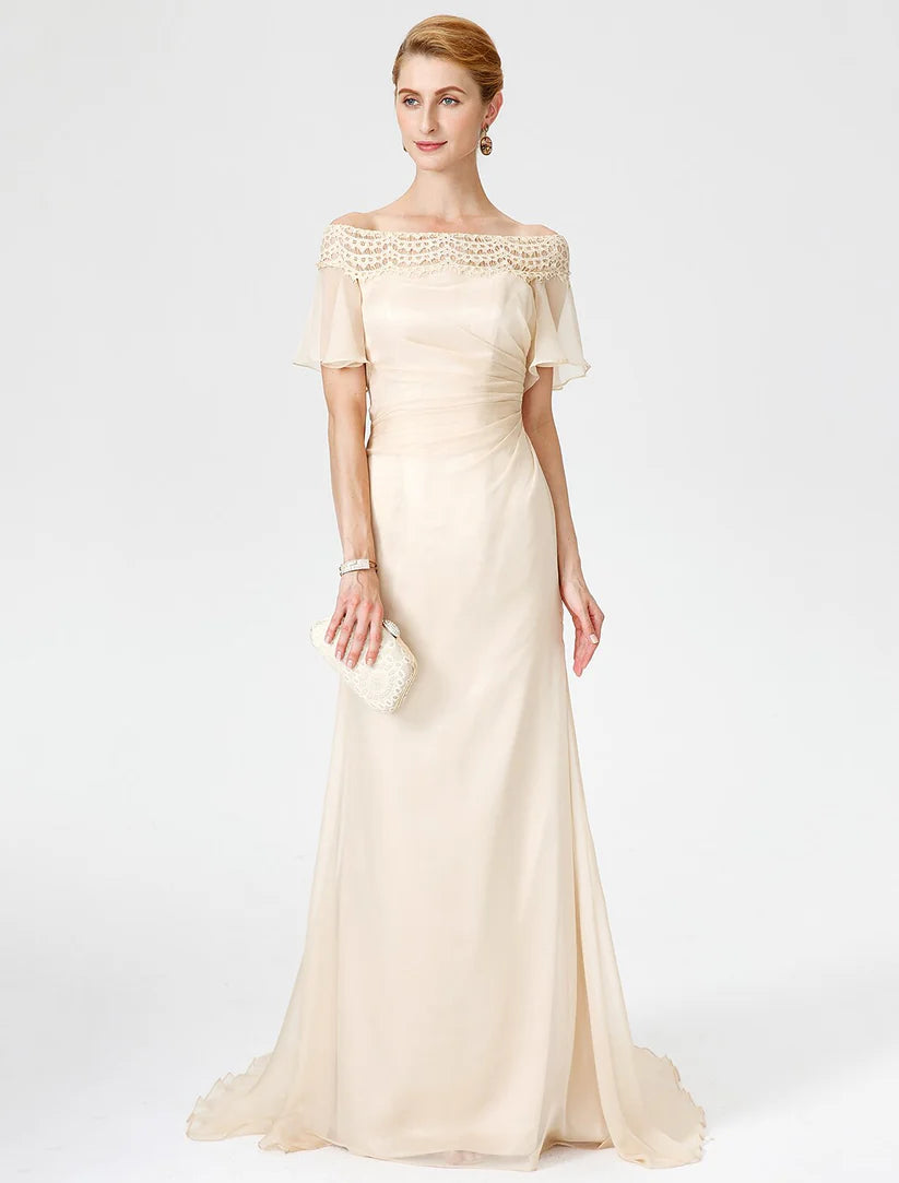 Elegant off-shoulder sheath Mother of the Bride dress with short sleeves and pleats.