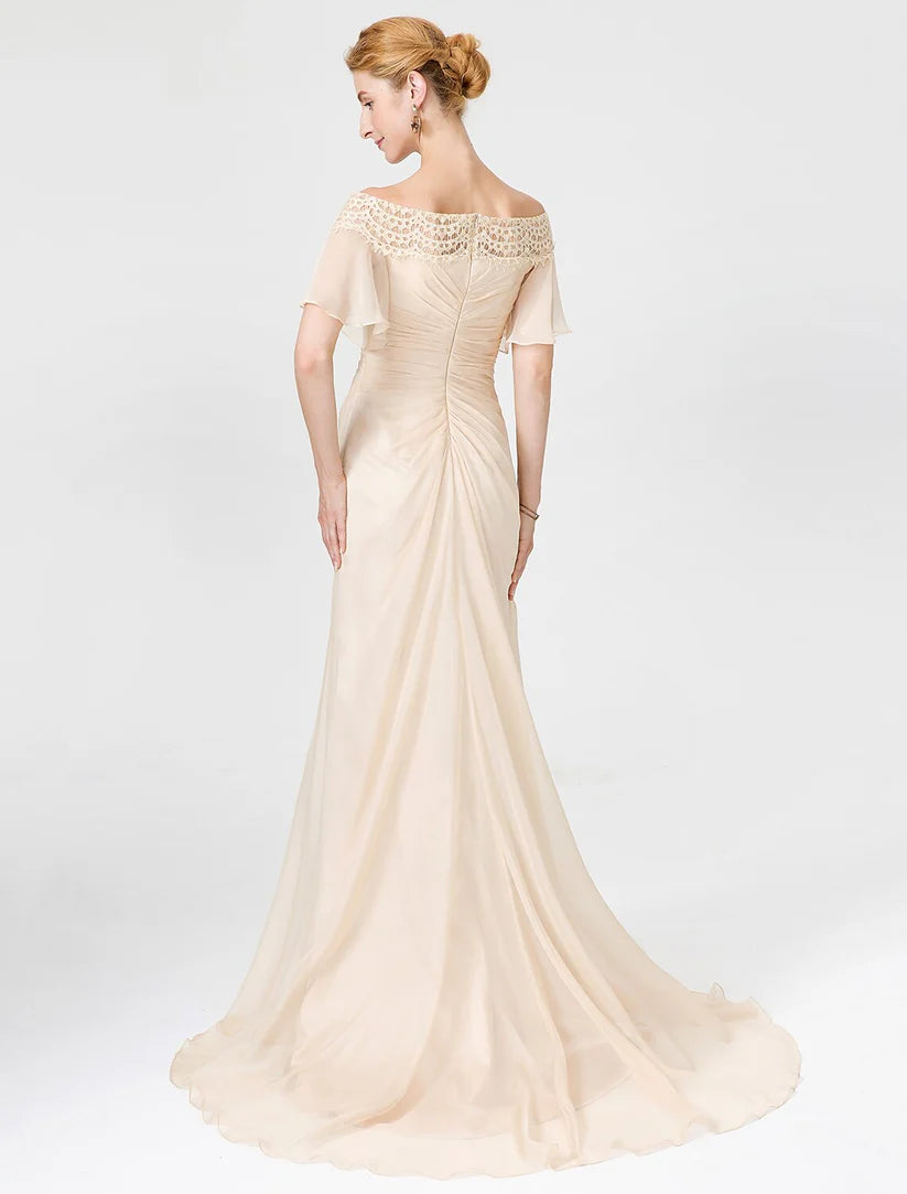 Back view of the chiffon lace Mother of the Bride gown with sweep train.