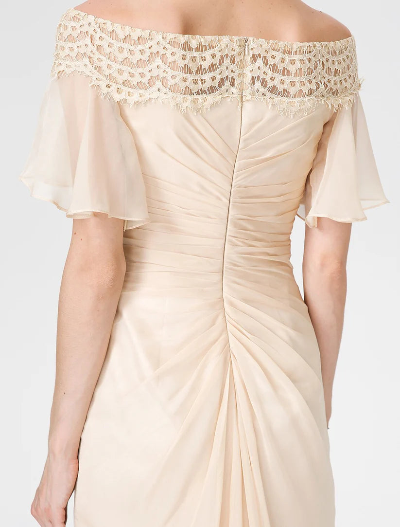 Model wearing the Mother of the Bride dress, highlighting its graceful drape.