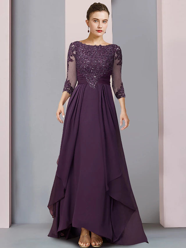 Elegant Sheath Mother of the Bride dress with a scoop neck and 3/4 length sleeves.