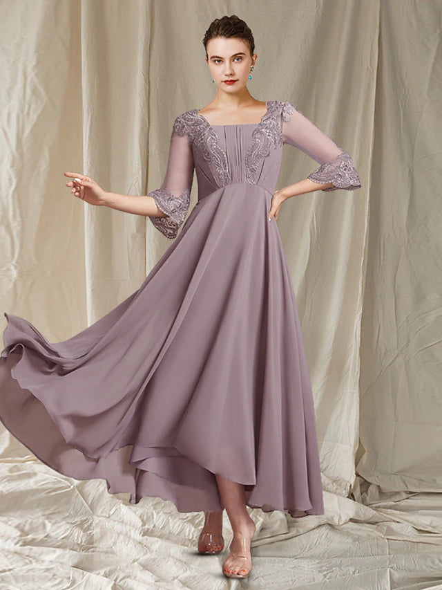 Elegant sheath mother of the bride dress with square neck and 3/4 sleeves, featuring a high-low chiffon lace skirt.