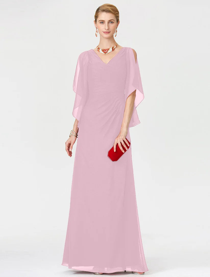 Close-up of the V-neckline and half sleeves on the chiffon dress.