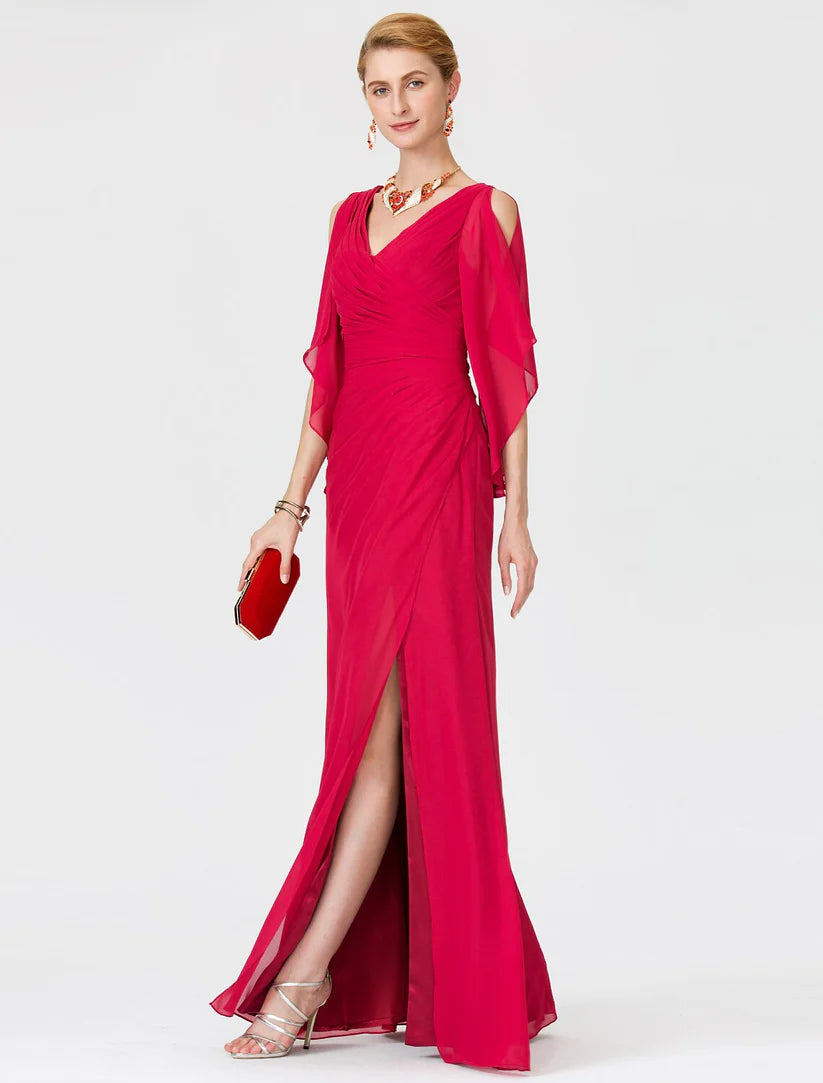 Detail of the criss-cross split front on the floor-length gown.