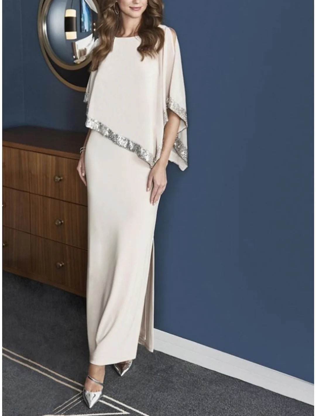 Elegant Sheath Mother of the Bride Dress with 3/4 sleeves and ankle length.